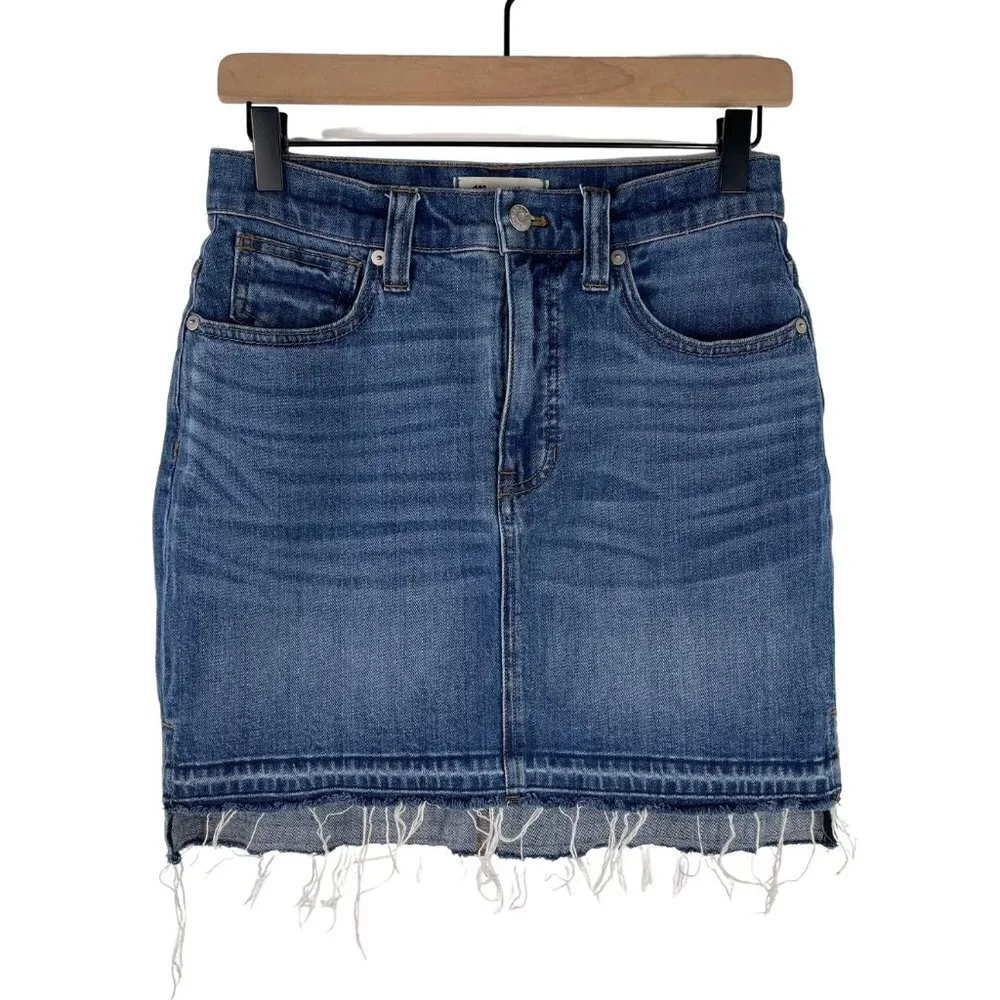 Madewell Denim Mini Skirt 25 Brandt Wash Raw Step Hem Stretch Jean Cutoff Split